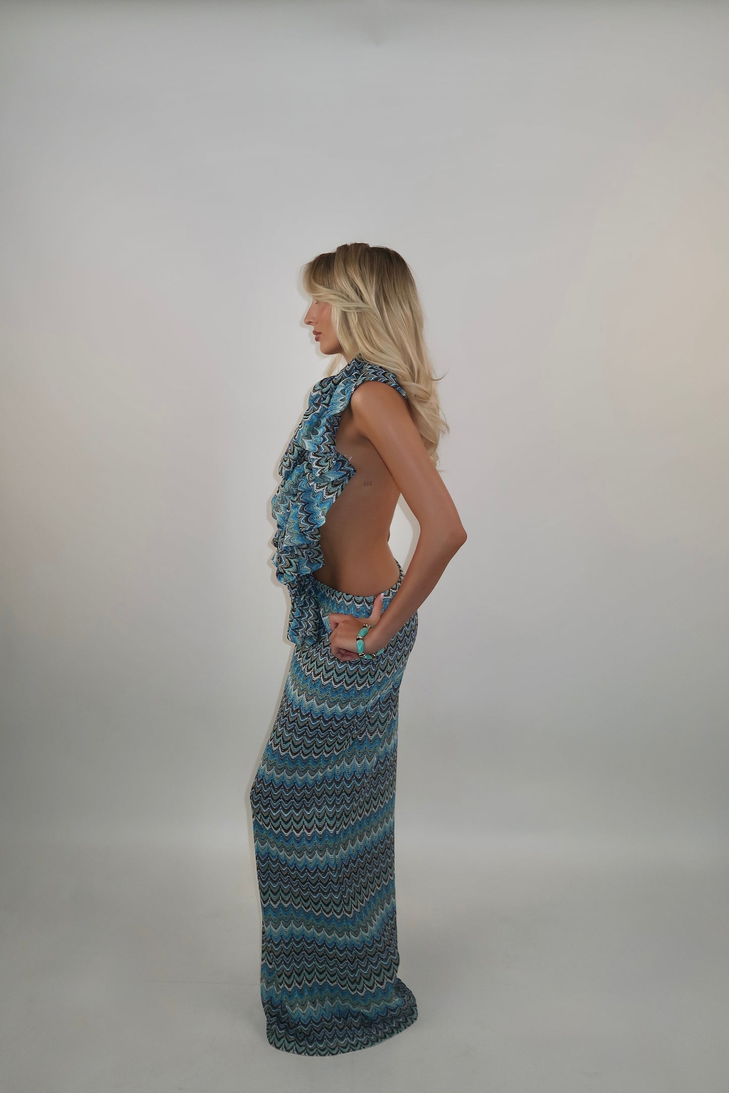 Ruffle Maxi Dress- Blue Zig Zag