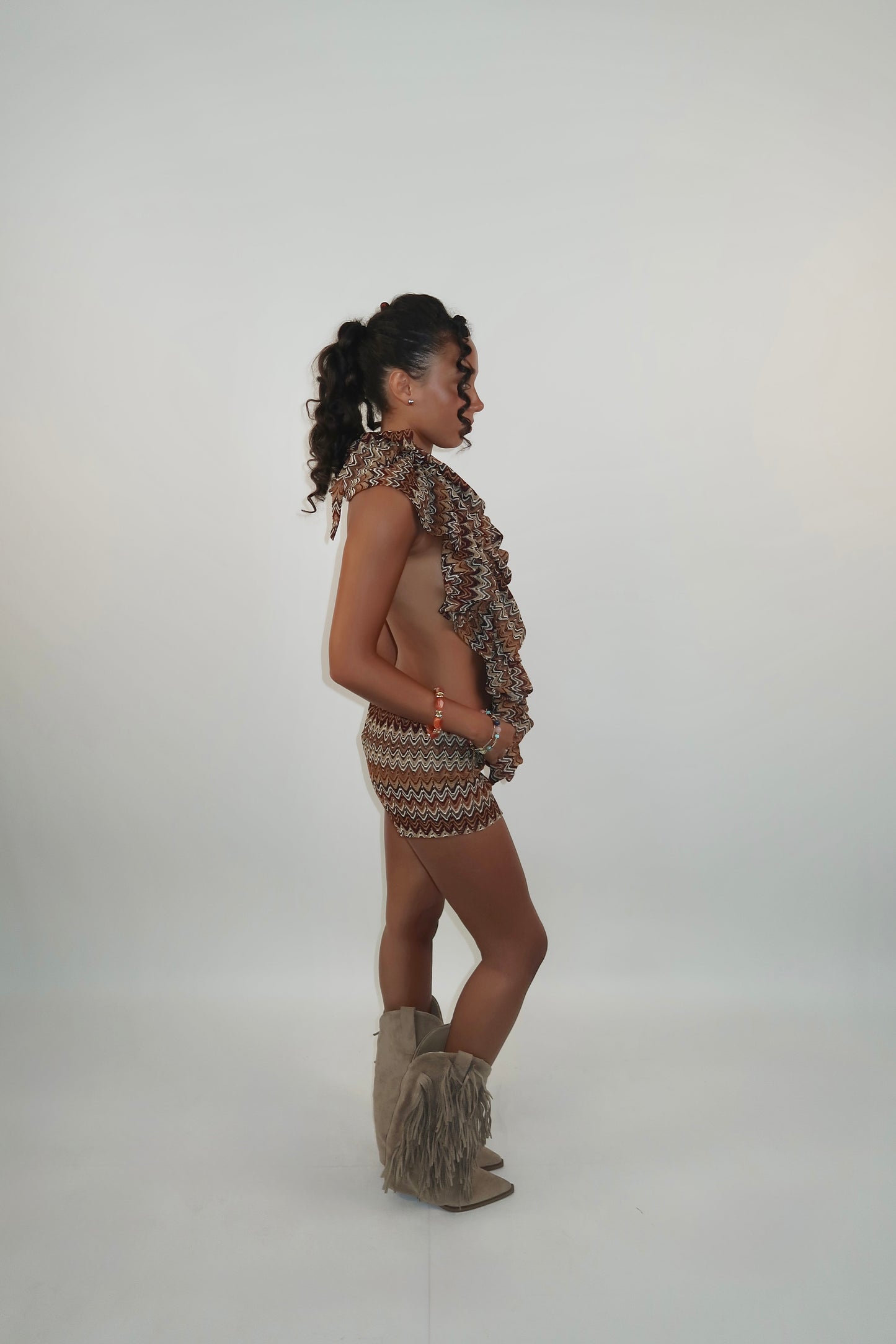 Ruffle Playsuit- Brown Zig Zag