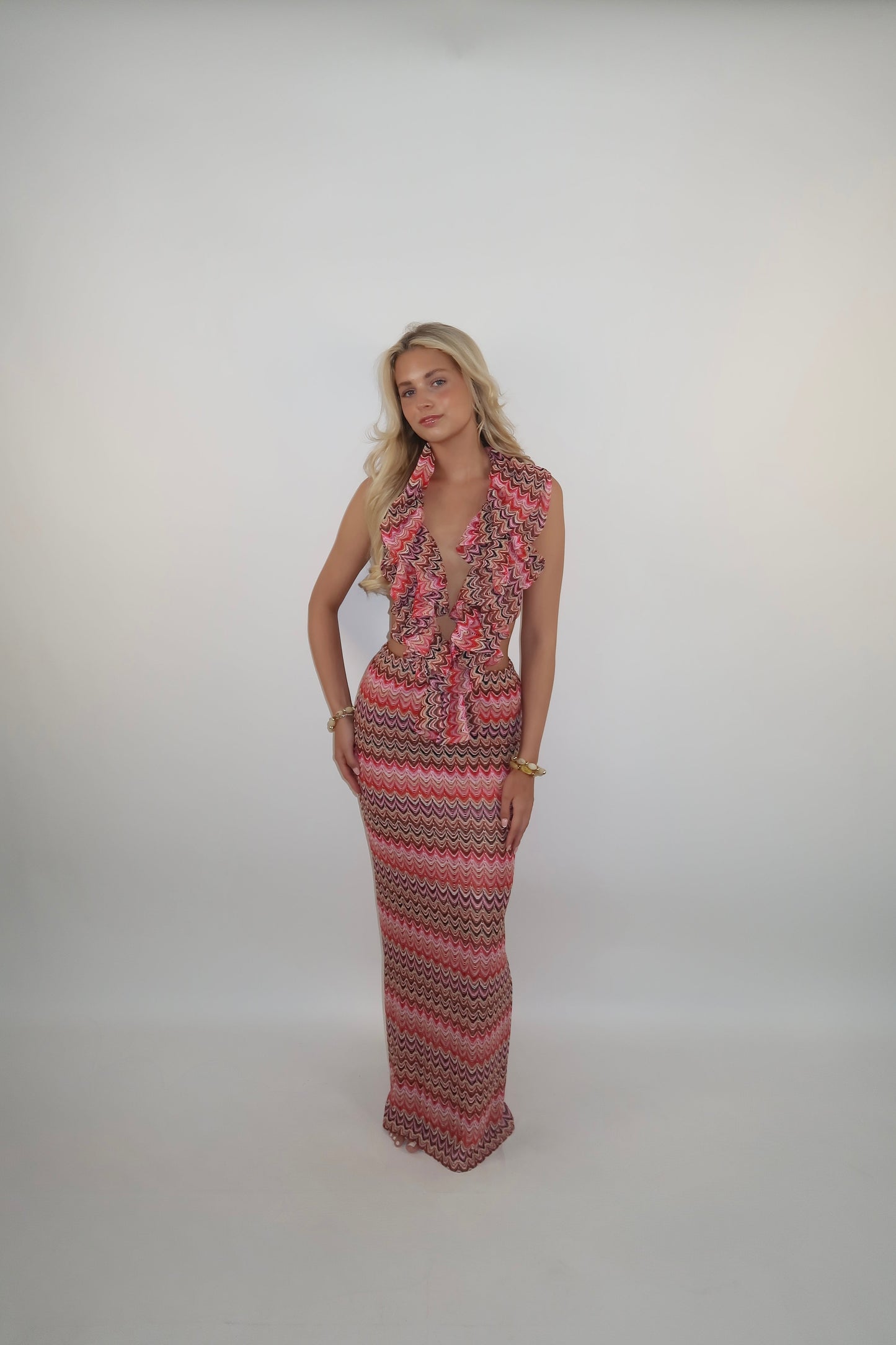 Ruffle Maxi Dress- Pink Zig Zag