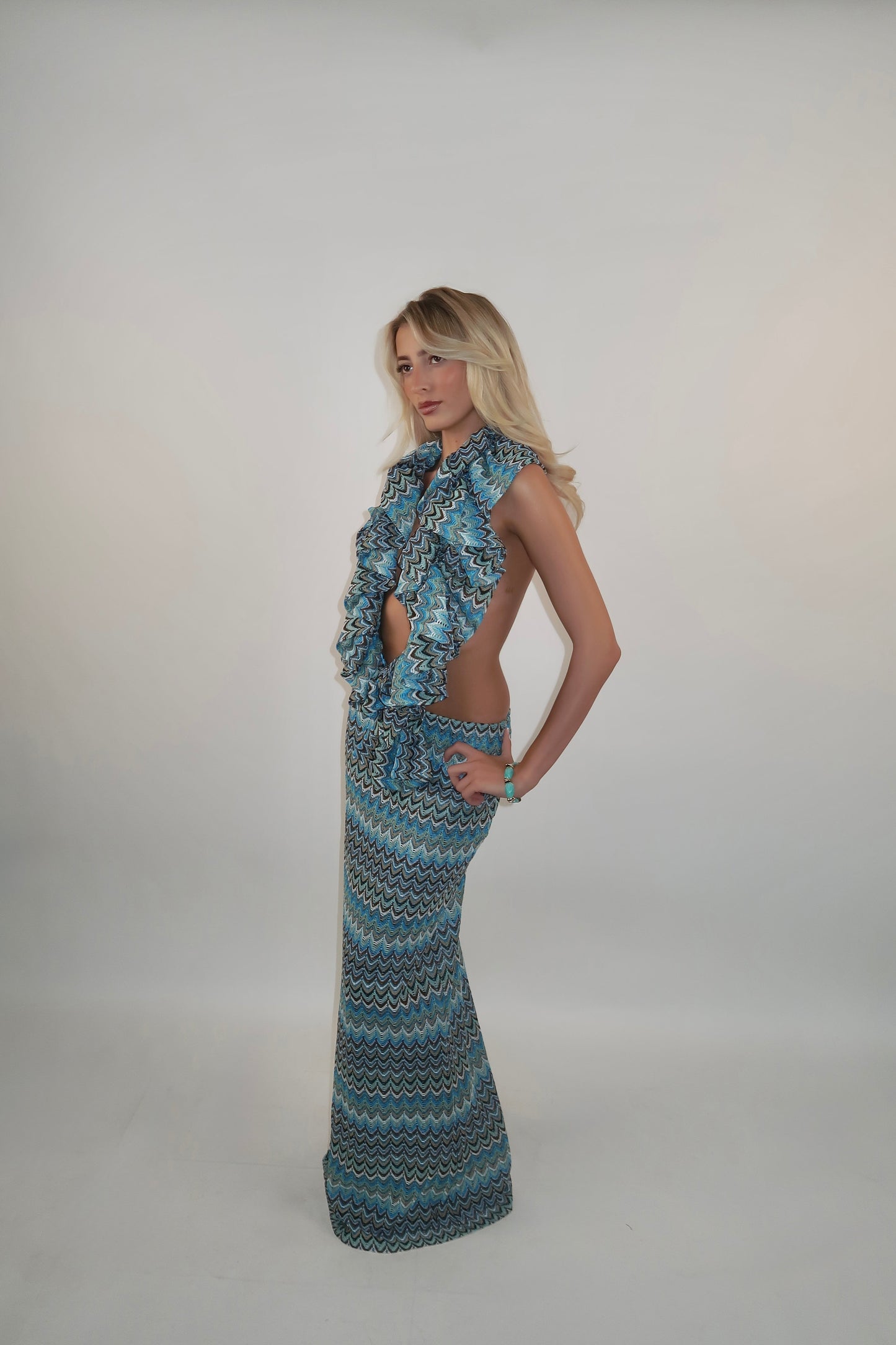 Ruffle Maxi Dress- Blue Zig Zag